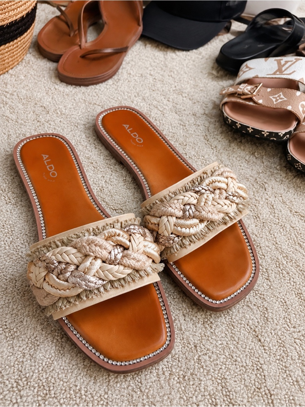 ALDO Beige Braided Slide Sandals with Metallic Accents